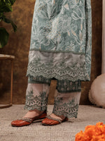 Thumbnail for Yufta Green Cotton Kurta Dupatta Set With Lace Detailing