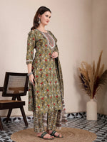Thumbnail for Yufta Green Cotton Lace Work On Yoke Straight Kurta Dupatta Pant Set