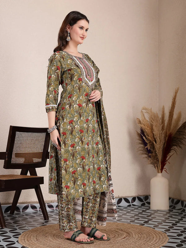 Yufta Green Cotton Lace Work On Yoke Straight Kurta Dupatta Pant Set