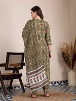 Thumbnail for Yufta Green Cotton Lace Work On Yoke Straight Kurta Dupatta Pant Set