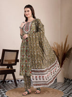 Thumbnail for Yufta Green Cotton Lace Work On Yoke Straight Kurta Dupatta Pant Set