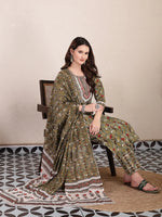 Thumbnail for Yufta Green Cotton Lace Work On Yoke Straight Kurta Dupatta Pant Set