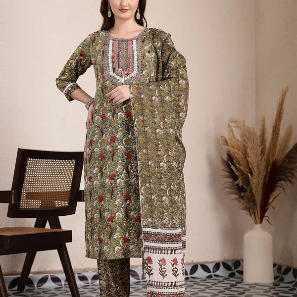 Yufta Green Cotton Lace Work On Yoke Straight Kurta Dupatta Pant Set - Distacart