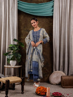 Thumbnail for Yufta Green Cotton Schiffli Floral Print Kurta Dupatta Set With Lace Detailing