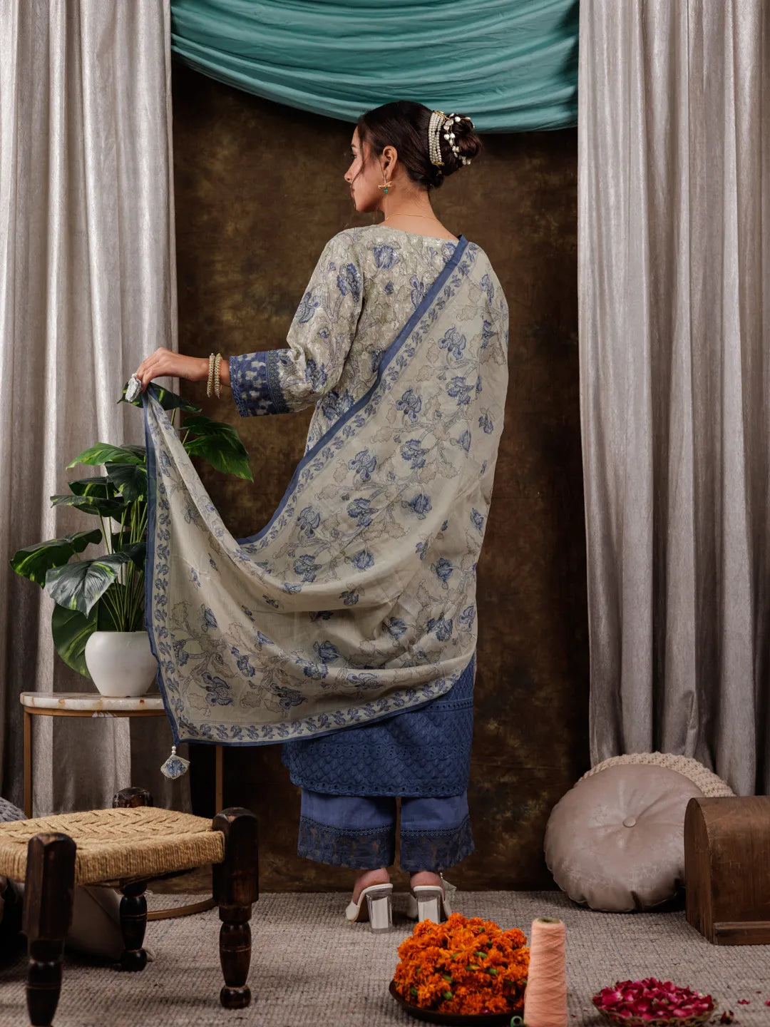 Yufta Green Cotton Schiffli Floral Print Kurta Dupatta Set With Lace Detailing