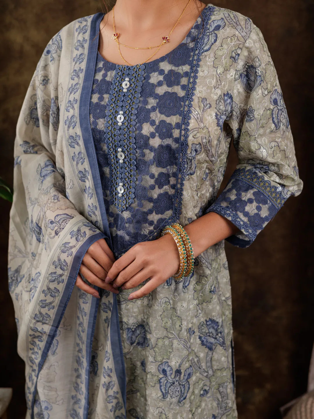 Yufta Green Cotton Schiffli Floral Print Kurta Dupatta Set With Lace Detailing