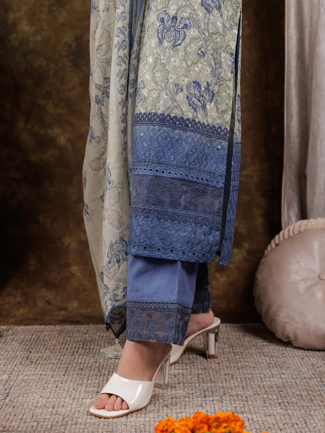 Yufta Green Cotton Schiffli Floral Print Kurta Dupatta Set With Lace Detailing