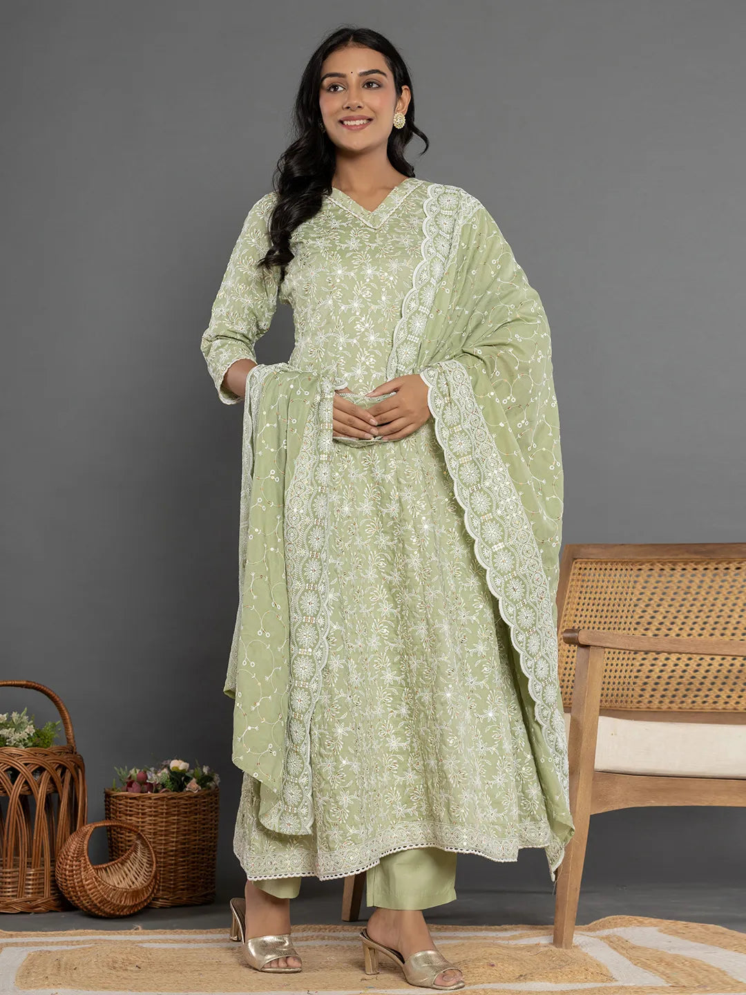 Yufta Green Cotton Silk Embroidered Anarkali Kurta Dupatta Set - Distacart