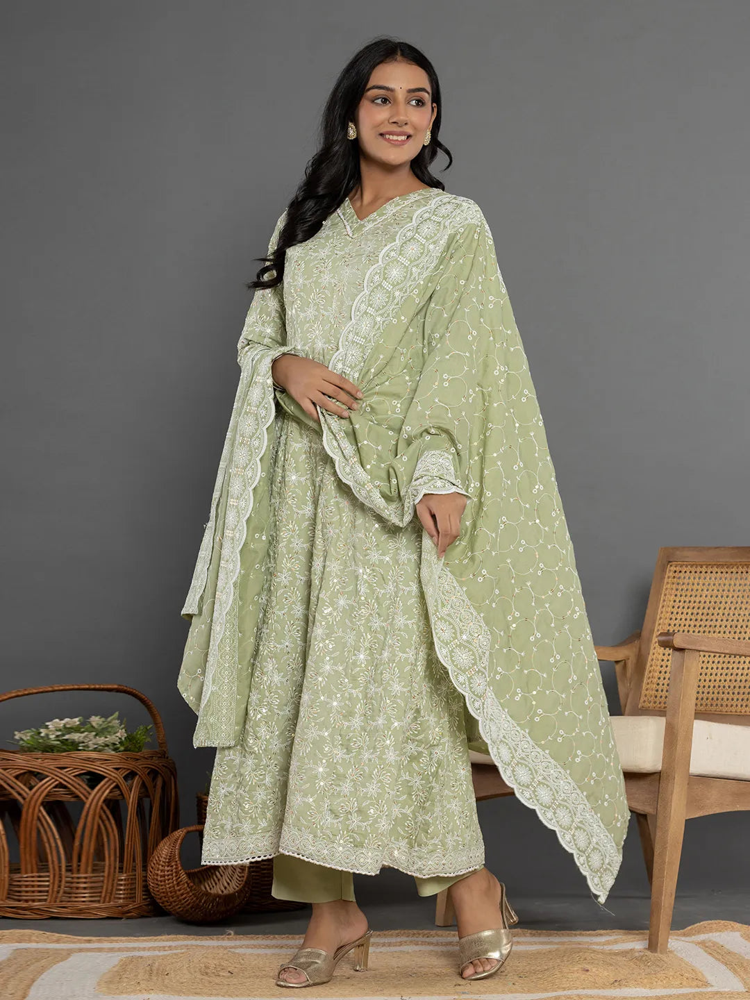 Yufta Green Cotton Silk Embroidered Anarkali Kurta Dupatta Set - Distacart