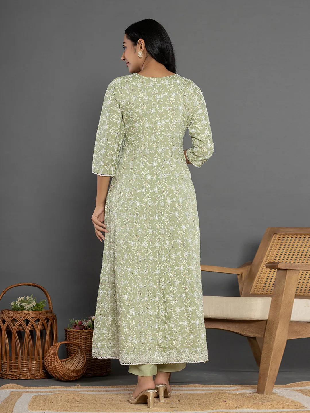 Yufta Green Cotton Silk Embroidered Anarkali Kurta Dupatta Set - Distacart
