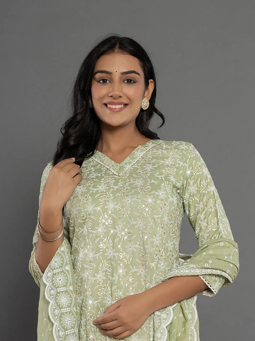 Yufta Green Cotton Silk Embroidered Anarkali Kurta Dupatta Set - Distacart
