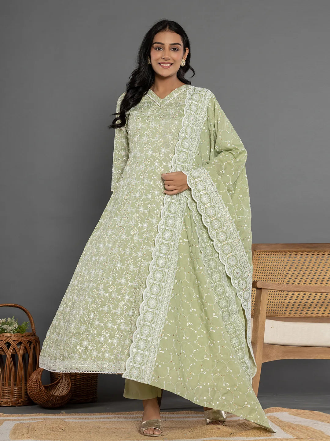 Yufta Green Cotton Silk Embroidered Anarkali Kurta Dupatta Set - Distacart