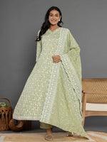 Thumbnail for Yufta Green Cotton Silk Embroidered Anarkali Kurta Dupatta Set - Distacart