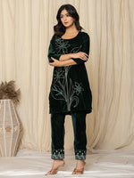 Thumbnail for Yufta Green Embroidered Velvet Co-Ord Set