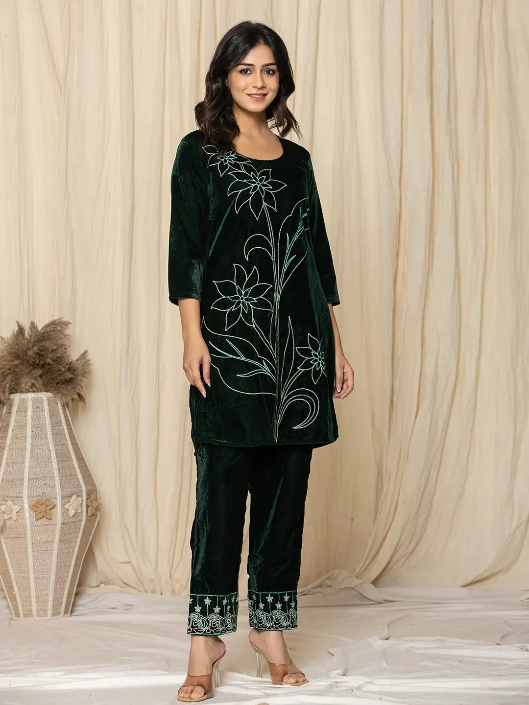 Yufta Green Embroidered Velvet Co-Ord Set - Distacart