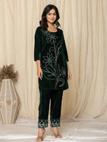 Thumbnail for Yufta Green Embroidered Velvet Co-Ord Set