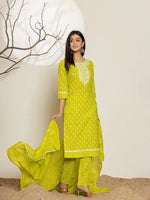 Thumbnail for Yufta Green Ethnic Motifs Cotton Straight Kurta Dupatta Set - Distacart