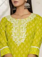 Thumbnail for Yufta Green Ethnic Motifs Cotton Straight Kurta Dupatta Set - Distacart