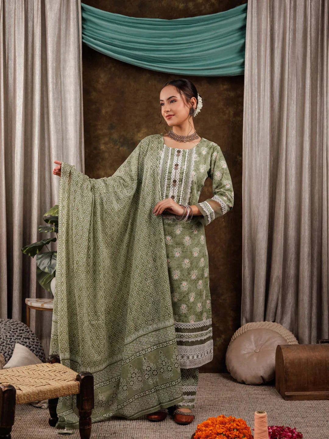 Yufta Green Ethnic Motifs Pure Cotton Kurta Dupatta Set With Lace Detailing - Distacart