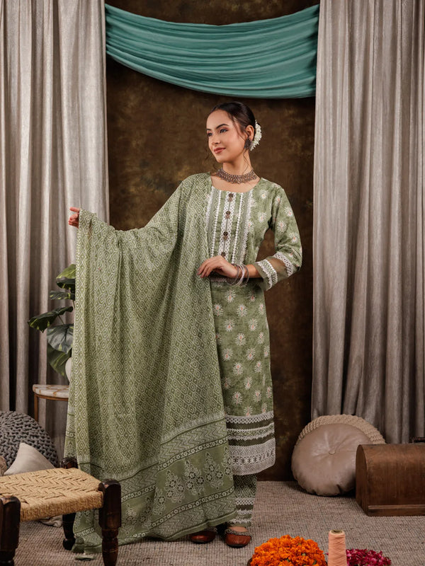 Yufta Green Ethnic Motifs Pure Cotton Kurta Dupatta Set With Lace Detailing