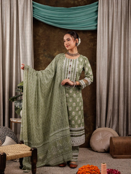 Yufta Green Ethnic Motifs Pure Cotton Kurta Dupatta Set With Lace Detailing
