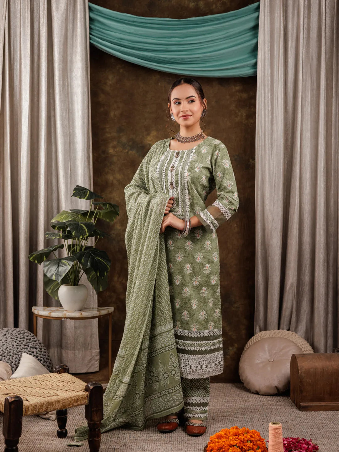 Yufta Green Ethnic Motifs Pure Cotton Kurta Dupatta Set With Lace Detailing - Distacart