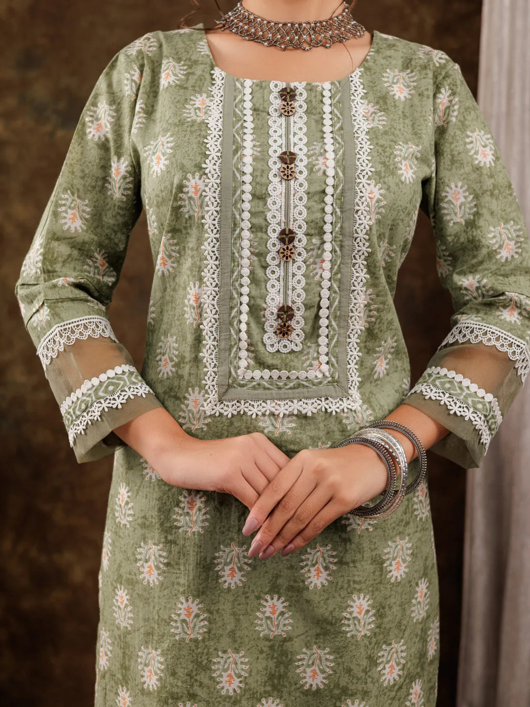 Yufta Green Ethnic Motifs Pure Cotton Kurta Dupatta Set With Lace Detailing