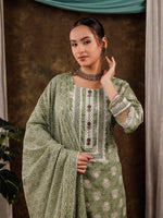 Thumbnail for Yufta Green Ethnic Motifs Pure Cotton Kurta Dupatta Set With Lace Detailing