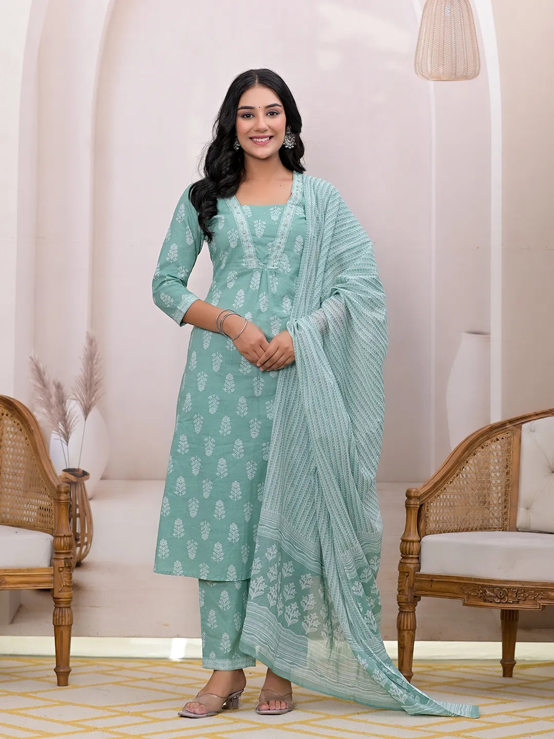 Yufta Green Floral Cotton A-Line Suit Set - Distacart