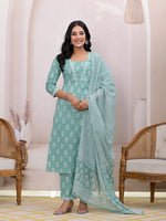 Thumbnail for Yufta Green Floral Cotton A-Line Suit Set - Distacart