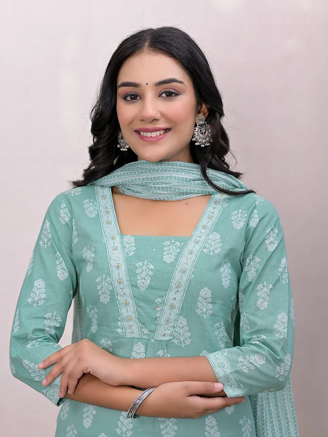 Yufta Green Floral Cotton A-Line Suit Set - Distacart