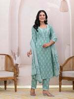 Thumbnail for Yufta Green Floral Cotton A-Line Suit Set - Distacart
