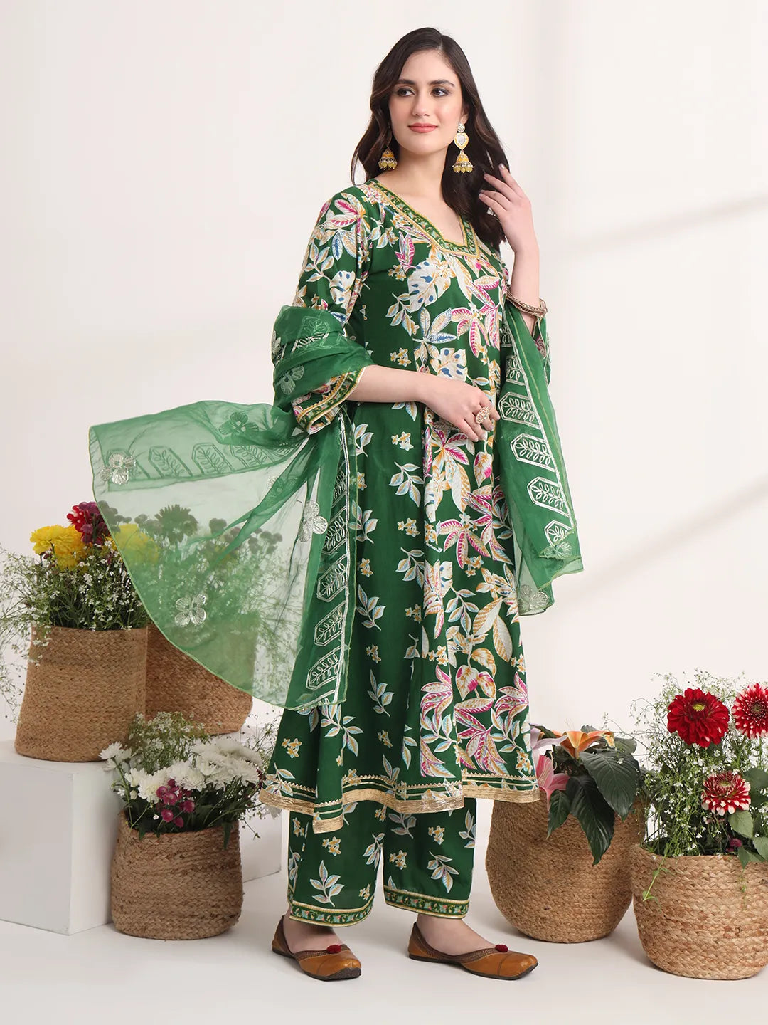 Yufta Green Floral Print A-Line Kurta Trouser And Dupatta Set - Distacart