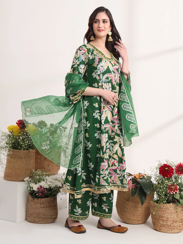 Yufta Green Floral Print A-Line Kurta Trouser And Dupatta Set