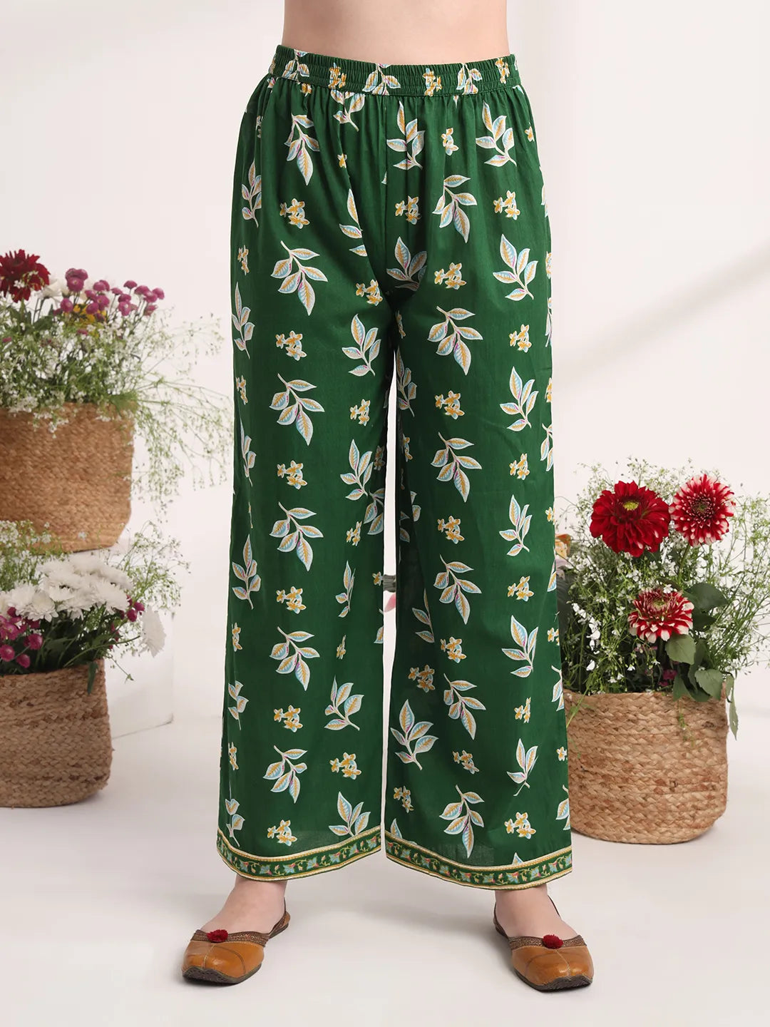 Yufta Green Floral Print A-Line Kurta Trouser And Dupatta Set