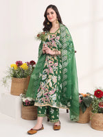 Thumbnail for Yufta Green Floral Print A-Line Kurta Trouser And Dupatta Set