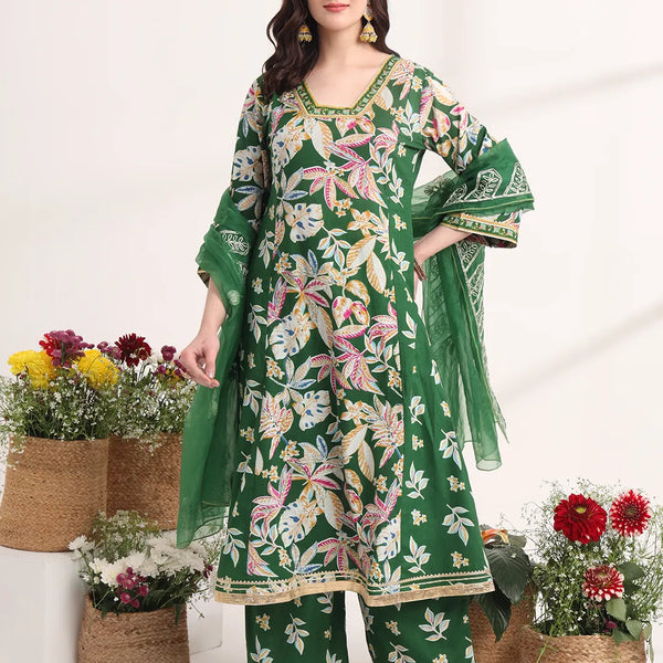 Yufta Green Floral Print A-Line Kurta Trouser And Dupatta Set - Distacart