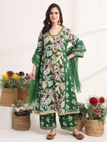 Thumbnail for Yufta Green Floral Print A-Line Kurta Trouser And Dupatta Set