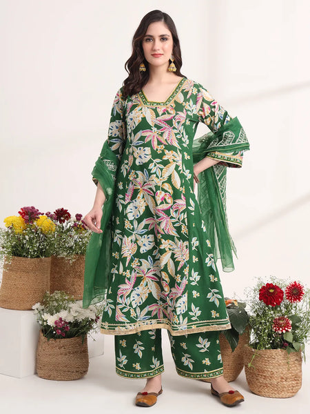 Yufta Green Floral Print A-Line Kurta Trouser And Dupatta Set