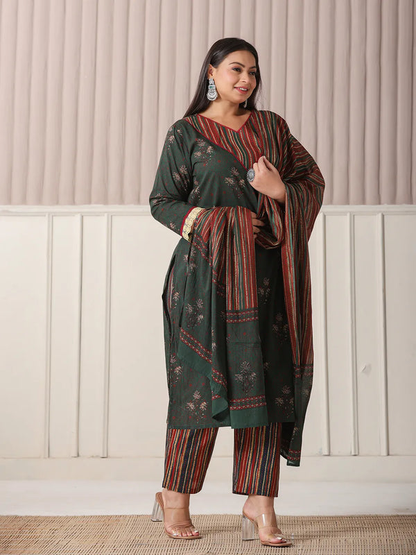 Yufta Green Floral Print Patch & Lace Work Plus Size Kurta Set With Pant & Dupatta
