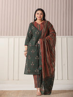 Thumbnail for Yufta Green Floral Print Patch & Lace Work Plus Size Kurta Set With Pant & Dupatta