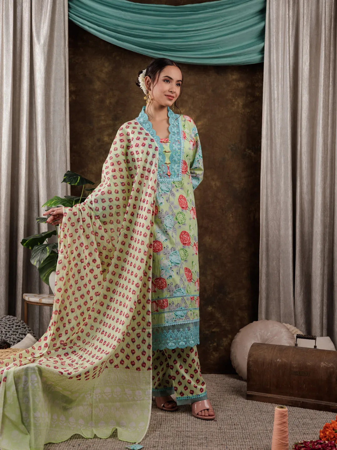 Yufta Green Floral Print Pure Cotton Beads Straight Kurta Dupatta Set With Lace Detailing - Distacart