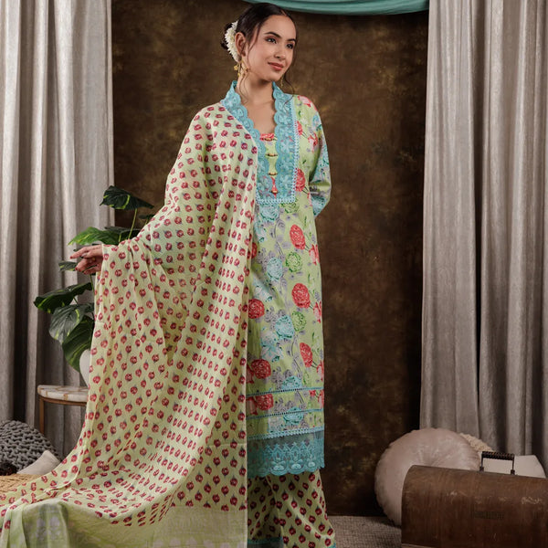 Yufta Green Floral Print Pure Cotton Beads Straight Kurta Dupatta Set With Lace Detailing - Distacart