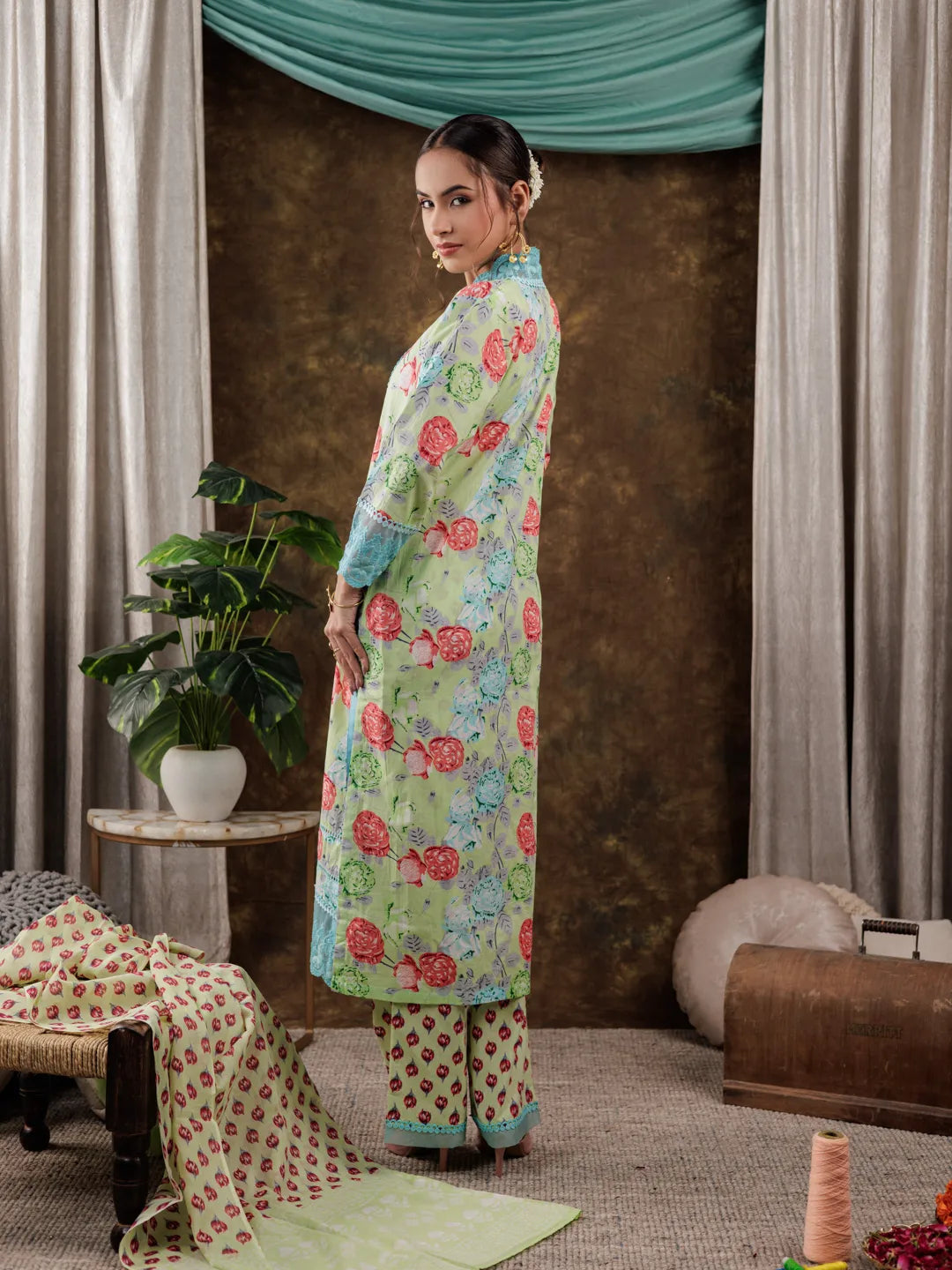 Yufta Green Floral Print Pure Cotton Beads Straight Kurta Dupatta Set With Lace Detailing - Distacart
