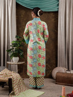 Thumbnail for Yufta Green Floral Print Pure Cotton Beads Straight Kurta Dupatta Set With Lace Detailing