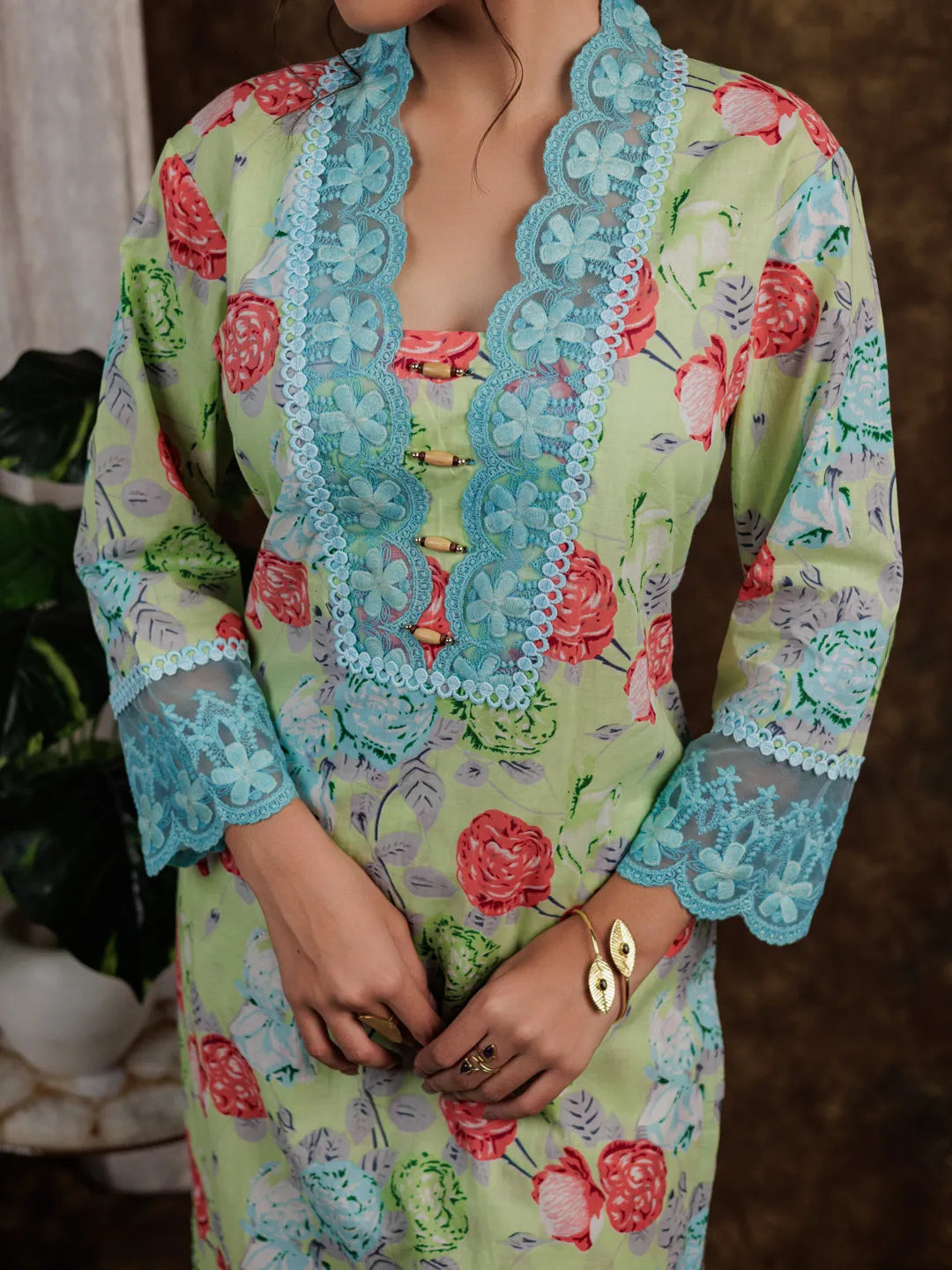 Yufta Green Floral Print Pure Cotton Beads Straight Kurta Dupatta Set With Lace Detailing