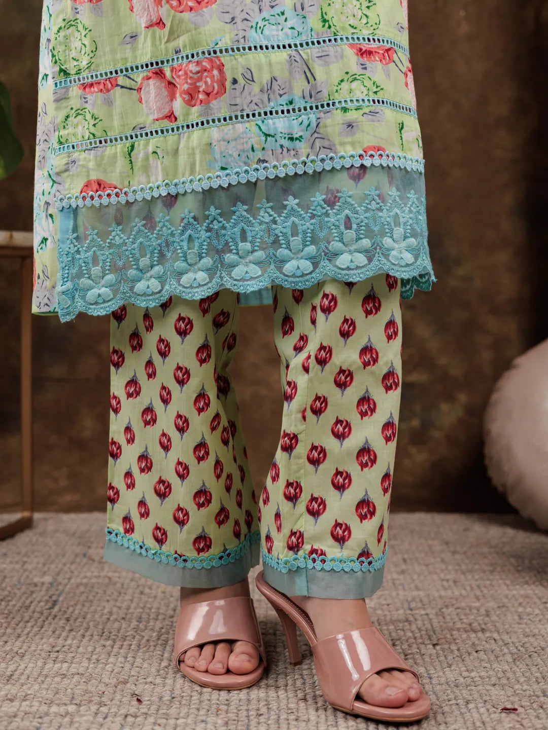 Yufta Green Floral Print Pure Cotton Beads Straight Kurta Dupatta Set With Lace Detailing
