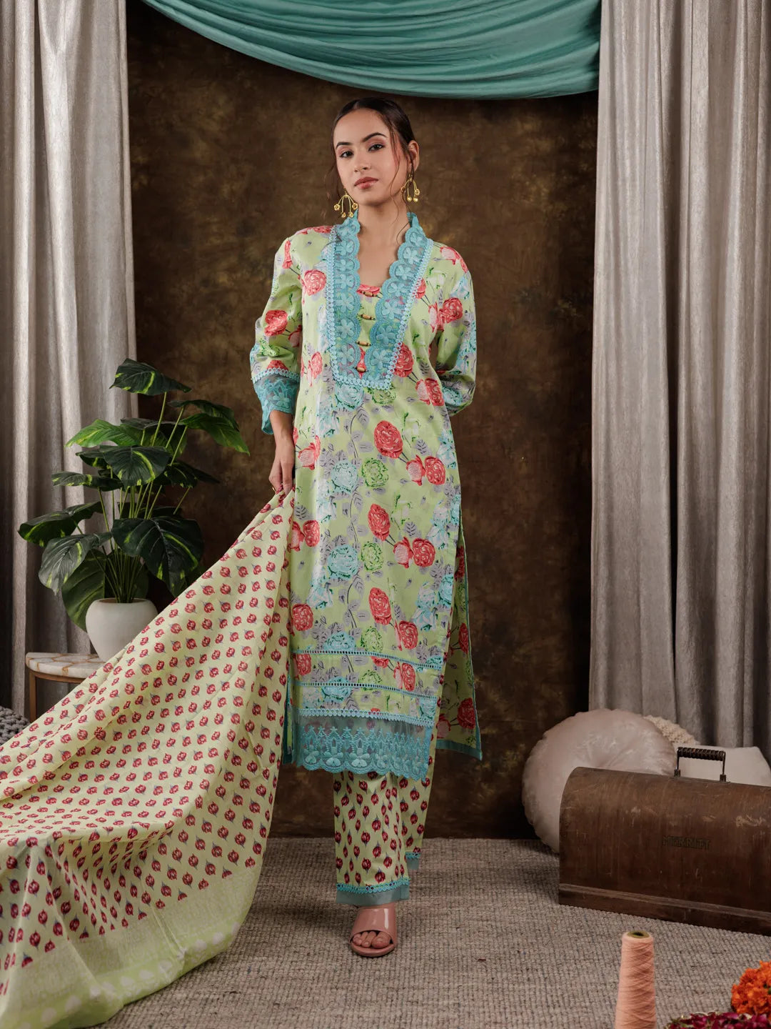 Yufta Green Floral Print Pure Cotton Beads Straight Kurta Dupatta Set With Lace Detailing