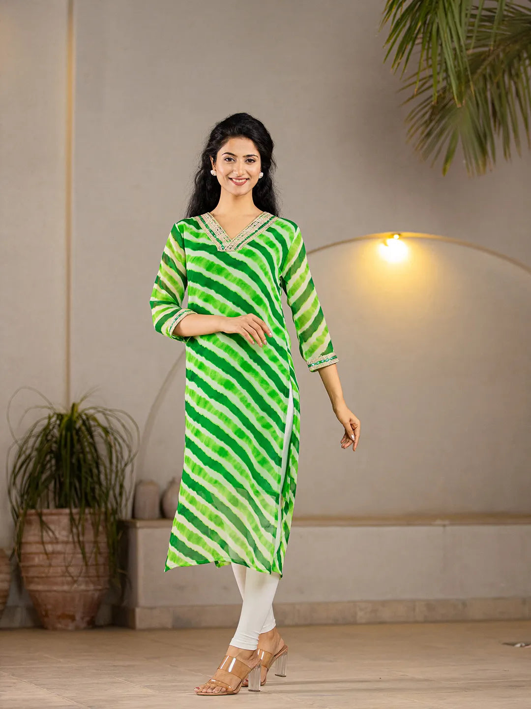 Yufta Green Georgette Lehriya Kurta - Distacart