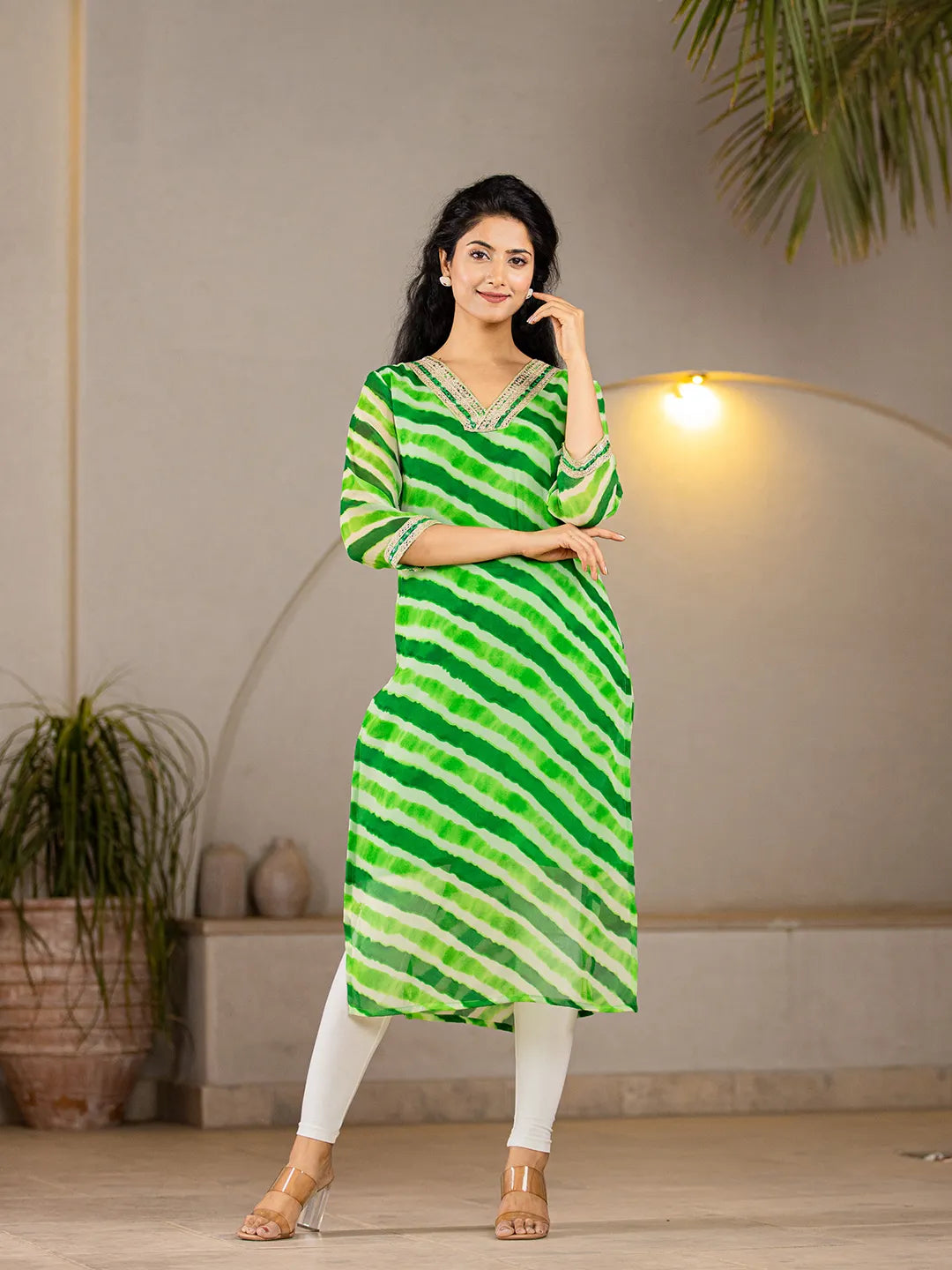 Yufta Green Georgette Lehriya Kurta